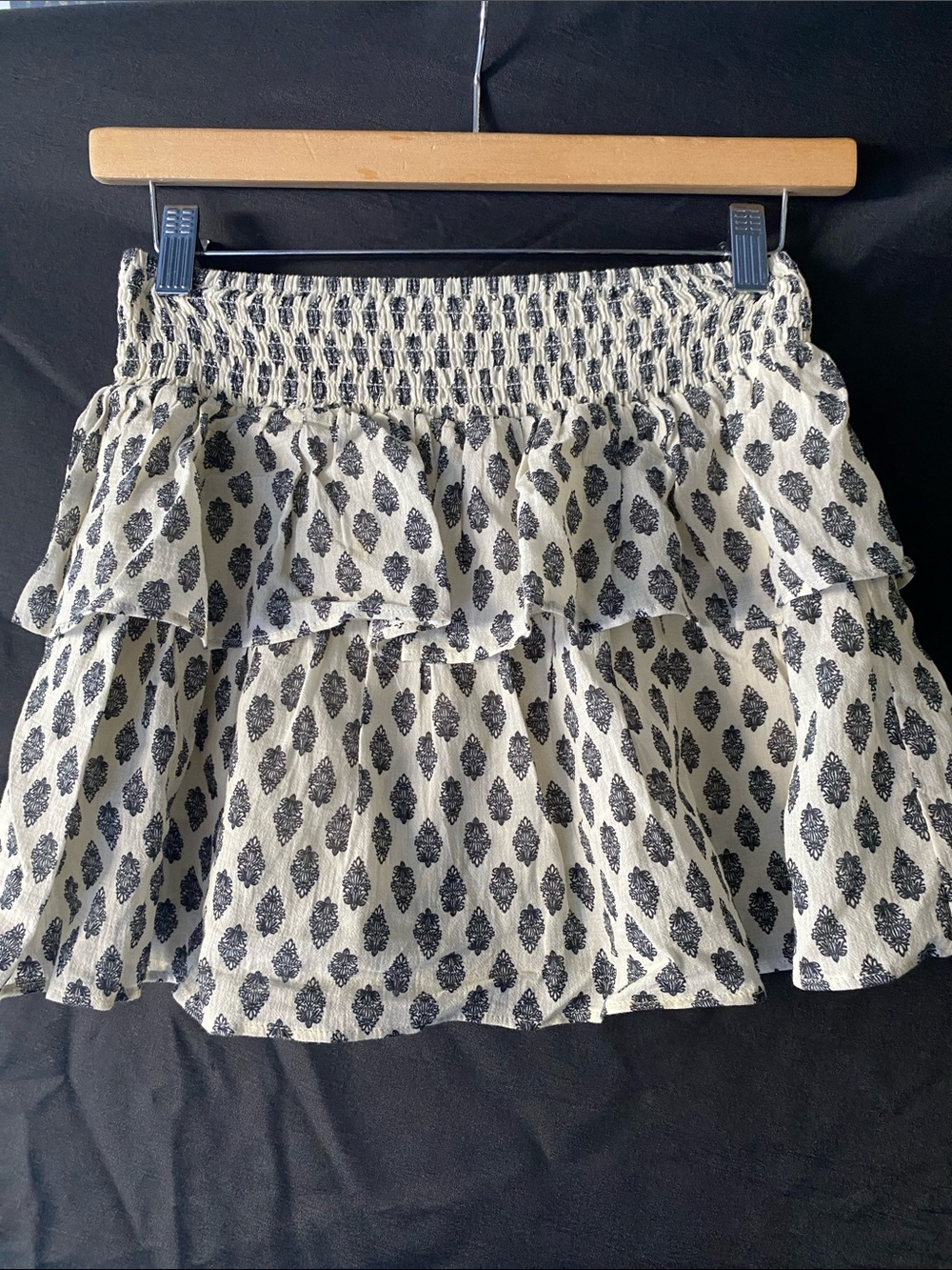 Tiered Ruffle Mini Skirt in Cream with Black Print